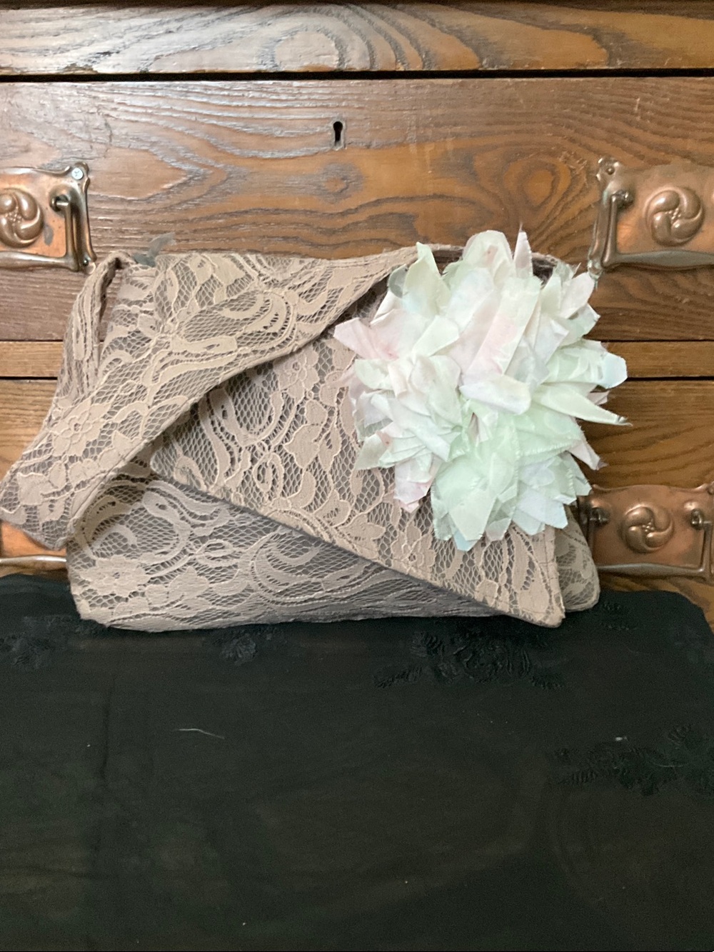 For Freedom Beige Lace Envelope Clutch with Fabric Flower Accent